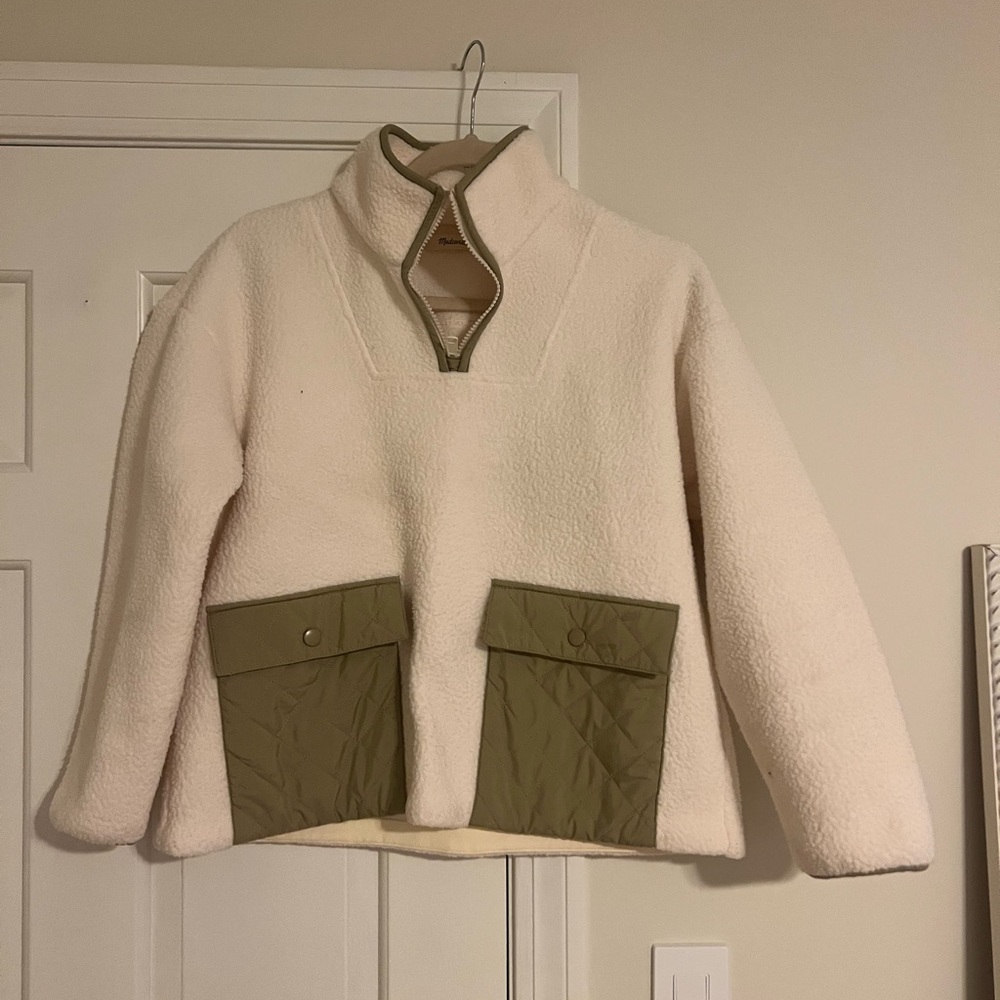 Madewell Cream and Olive Fleece Pullover